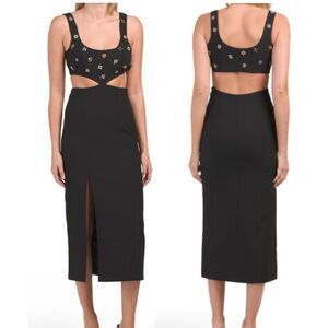 Cinq a Sept Quinny Midi Embellished Cut Out Dress New Size 12 Black
